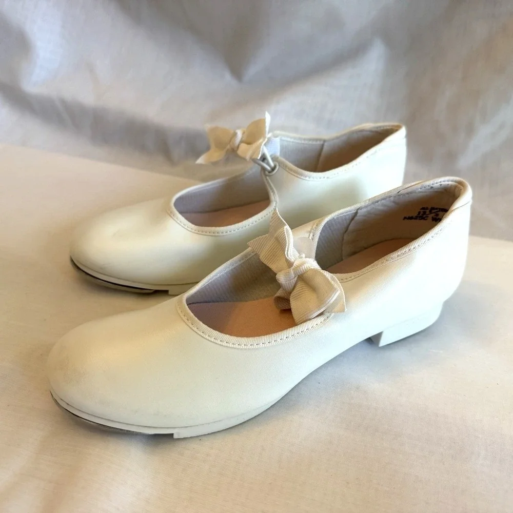 Capezio Girls Tap Dance Shoes Youth Tele Tone Size 13.5 White Elastic Bow‎